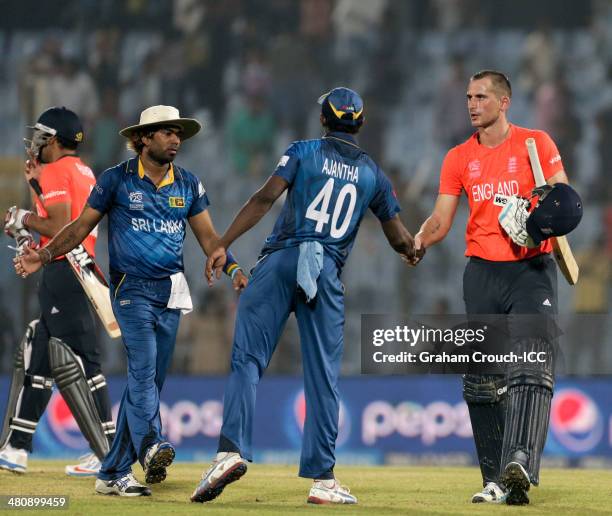 Alex Hales of England shakes hands with Ajantha Mendis of Sri Lanka after hitting the winning runs during the England v Sri Lanka match at the ICC...