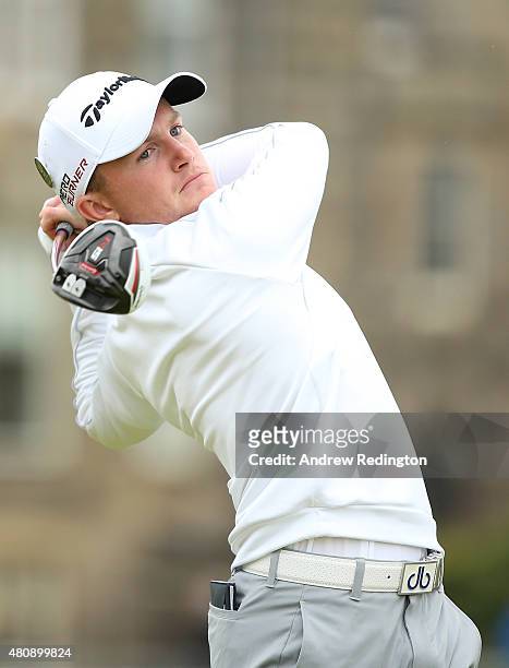 Amateur Paul Kinnear of England tees off on the 2nd hole during the first round of the 144th Open Championship at The Old Course on July 16, 2015 in...