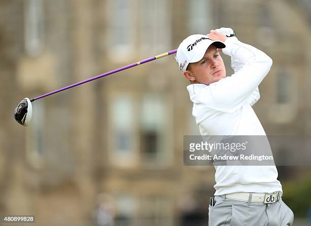 Amateur Paul Kinnear of England tees off on the 2nd hole during the first round of the 144th Open Championship at The Old Course on July 16, 2015 in...