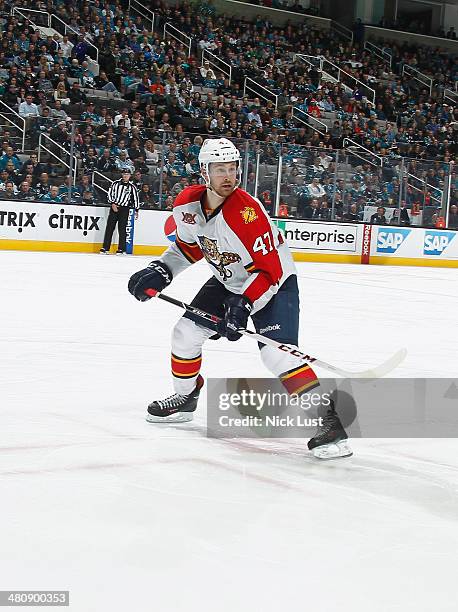 Colby Robak of the Florida Panthers skates after the puck against the San Jose Sharks during an NHL game on March 18, 2014 at SAP Center in San Jose,...