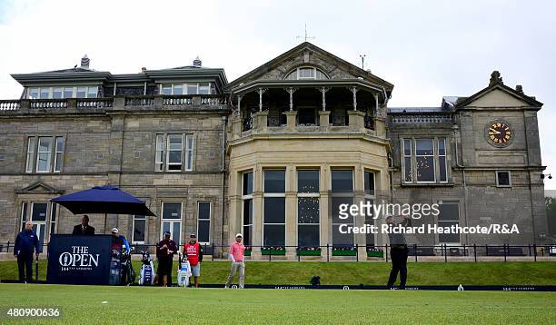 Paul Lawrie of Scotland hits his tee shot on the first hole during the first round of the 144th Open Championship at The Old Course on July 16, 2015...