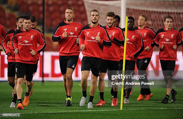 Jordan Henderson of Liverpool in action during a training session at Suncorp Stadium on July 16, 2015 in Brisbane, Australia.