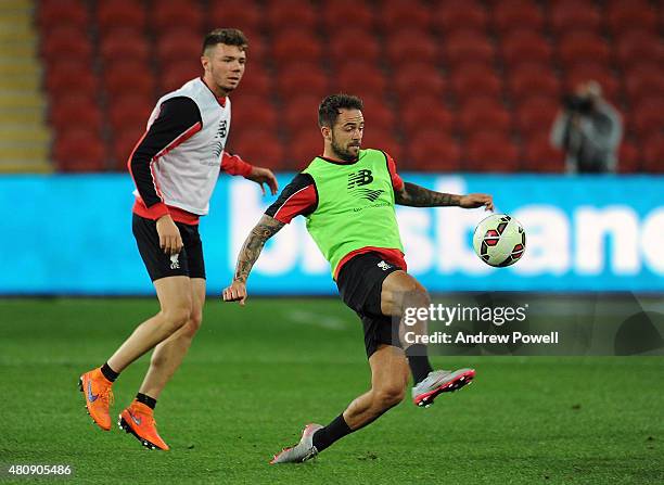 Joe Maguire and Danny Ings of Liverpool in action during a training session at Suncorp Stadium on July 16, 2015 in Brisbane, Australia.