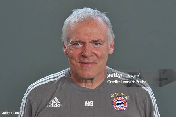 Hermann Gerland, assistant coach poses during the team presentation of FC Bayern Muenchen at Bayern's training ground Saebener Strasse on July 16,...