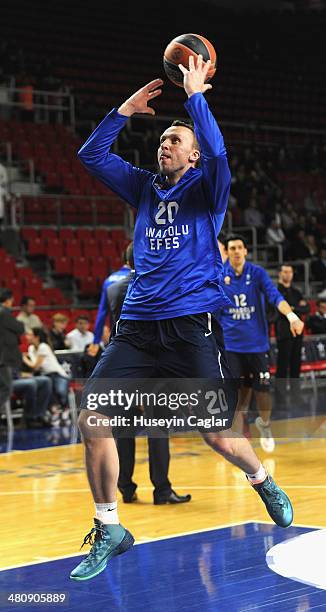 Dusko Savanovic, #20 of Anadolu Efes Istanbul inwarming up during the 2013-2014 Turkish Airlines Euroleague Top 16 Date 12 game between Anadolu EFES...