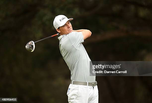 John Mallinger tees off on the 14th during Round One of the Valero Texas Open at the AT&T Oaks Course on March 27, 2014 in San Antonio, Texas.
