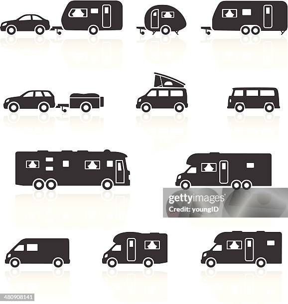 camper, wohnmobile, wohnwagen aufzuschlagen & motorhome symbole - camping vector stock-grafiken, -clipart, -cartoons und -symbole