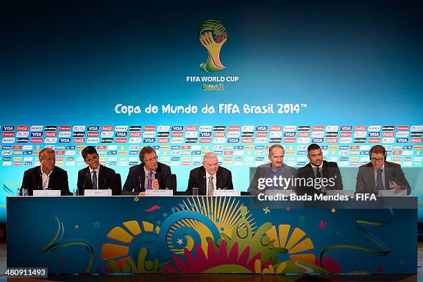 Former Brazilian football stars Zico and members of the Local Organizing Committee Ronaldo Nazario and Bebeto ,FIFA Secretary General Jerome Valcke ,...