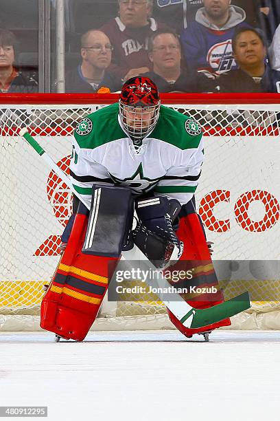 Goaltender Tim Thomas of the Dallas Stars looks on from the crease during first period action against the Winnipeg Jets at the MTS Centre on March...