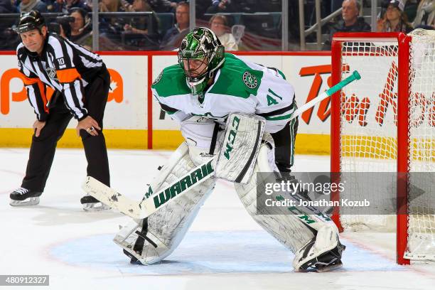 Goaltender Cristopher Nilstorp of the Dallas Stars keeps an eye on the play as he guards the crease during third period action against the Winnipeg...