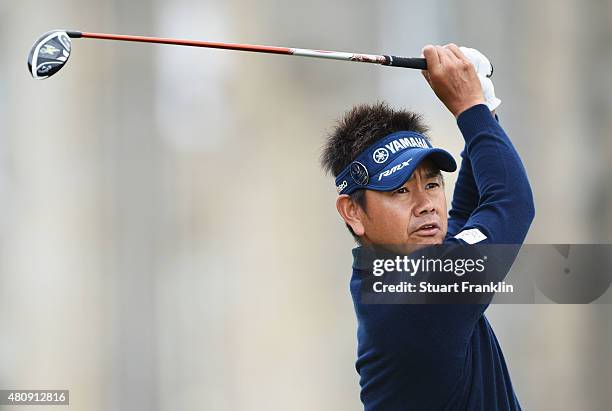 Hiroyuki Fujita of Japan tees off on the 2nd hole during the first round of the 144th Open Championship at The Old Course on July 16, 2015 in St...
