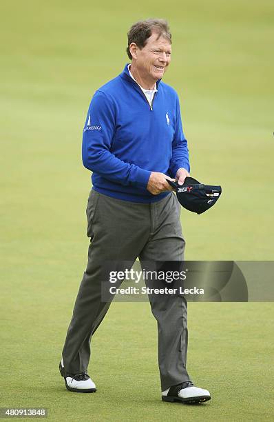 Tom Watson of the United States walks off the 18th green during the first round of the 144th Open Championship at The Old Course on July 16, 2015 in...