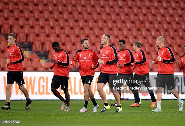 Players warm up during a Liverpool FC training session at Suncorp Stadium on July 16, 2015 in Brisbane, Australia.