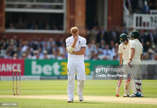 Ben Stokes of England reacts ater bowling to Steve Smith of Australia during day one of the 2nd Investec Ashes Test match between England and...