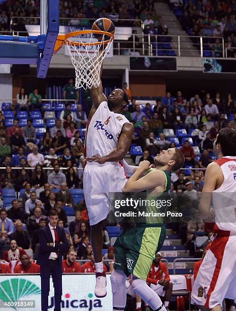 Bryant Dunston, #6 of Olympiacos Piraeus in action during the 2013-2014 Turkish Airlines Euroleague Top 16 Date 12 game between Unicaja Malaga v...