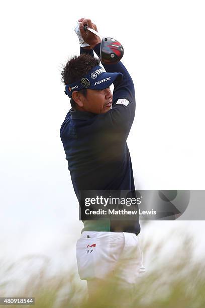 Hiroyuki Fujita of Japan tees off on the 6th hole during the first round of the 144th Open Championship at The Old Course on July 16, 2015 in St...