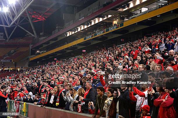 Fans turn out to support their team during a Liverpool FC training session at Suncorp Stadium on July 16, 2015 in Brisbane, Australia.