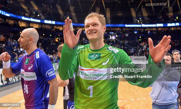 Johannes Bitter of Hamburg celebrates at the end of the DKB Bundesliga handball match between HSV Handball and Fuechse Berlin at O2 World on March...