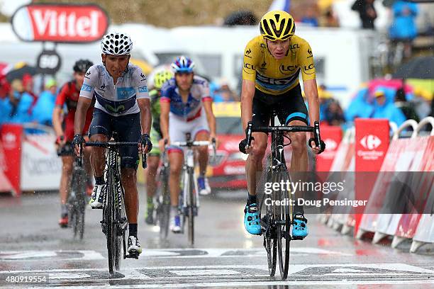 Chris Froome of Great Britain and Team Sky crosses the finish line ahead of Nairo Alexander Quintana Rojas of Colombia and Movistar Team during stage...