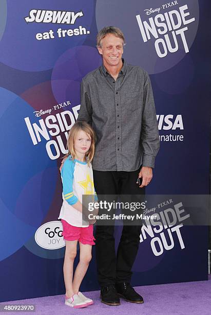 Professional skateboarder Tony Hawk and daughter Kadence Clover Hawk arrive at the Los Angeles premiere of Disney/Pixar's 'Inside Out' at the El...