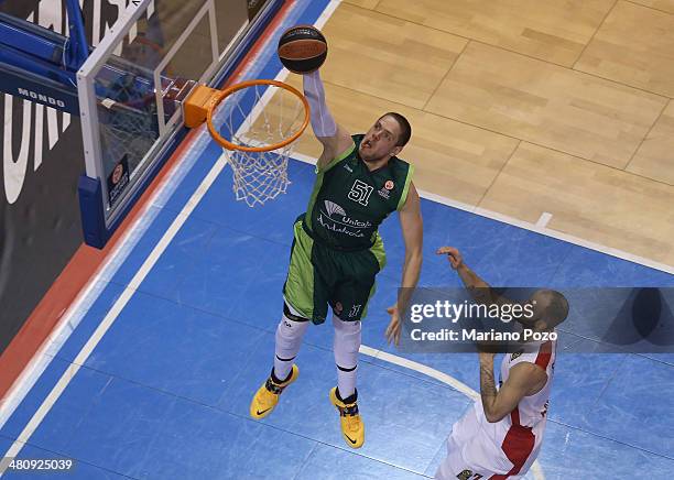 Vladimir Stimac, #51 of Unicaja Malaga in action during the 2013-2014 Turkish Airlines Euroleague Top 16 Date 12 game between Unicaja Malaga v...