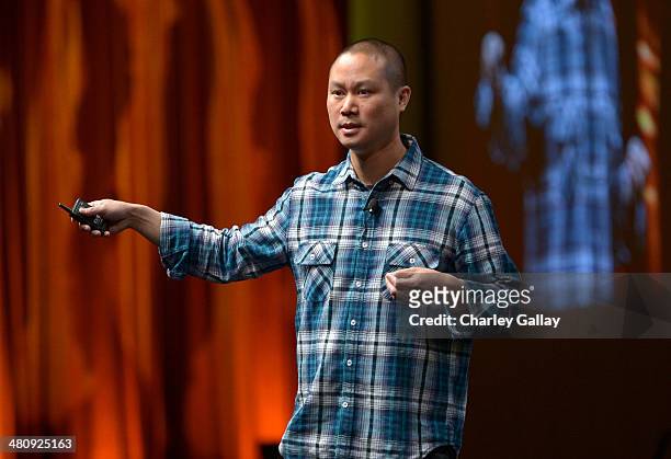 Zappos.com CEO Tony Hsieh speaks onstage at CinemaCons final day luncheon and special presentation during CinemaCon, the official convention of the...