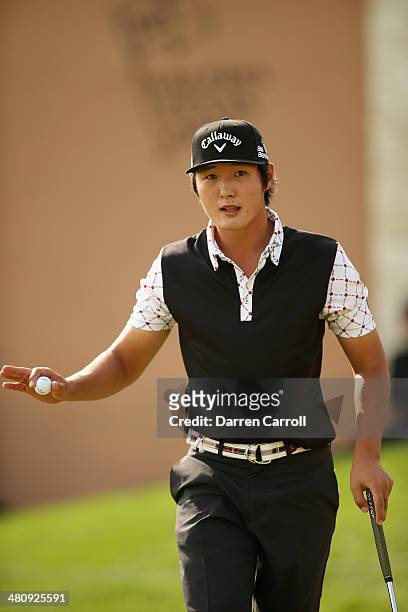 Danny Lee putts in for birdie on the 18th during Round One of the Valero Texas Open at the AT&T Oaks Course on March 27, 2014 in San Antonio, Texas.