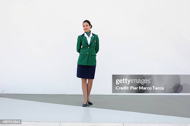 Hostess of Alitalia poses during the Expo 2015 at Rho Fiera Milan on June 4, 2015 in Milan, Italy.