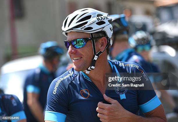 Lance Armstrong riding with Cure Leukaemia charity riders during stage thirteen of the One Day Ahead - Le Tour 2015 on July 16, 2015 in Rodez, France.