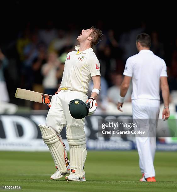 Steven Smith of Australia celebrates reaching his century during day one of the 2nd Investec Ashes Test match between England and Australia at Lord's...