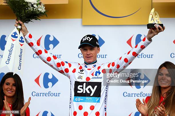 Chris Froome of Great Britain and Team Sky wears the polka dot jersey after stage twelve of the 2015 Tour de France, a 195 km stage between...