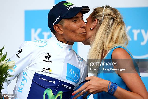 Nairo Alexander Quintana Rojas of Colombia and Movistar Team wears the best young rider's white jersey after stage twelve of the 2015 Tour de France,...