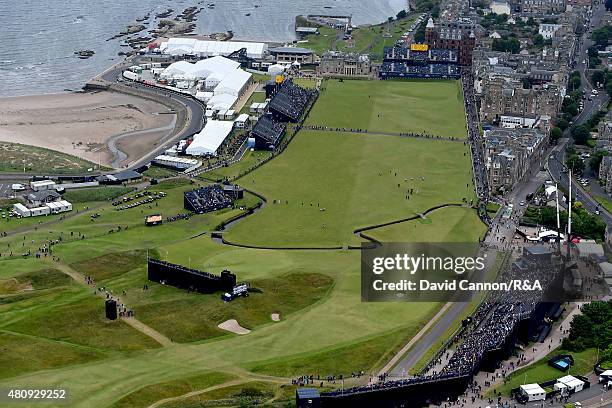 An aerial view of the 17th hole with the first and 18th holes behind during the first round of the 144th Open Championship at The Old Course on July...