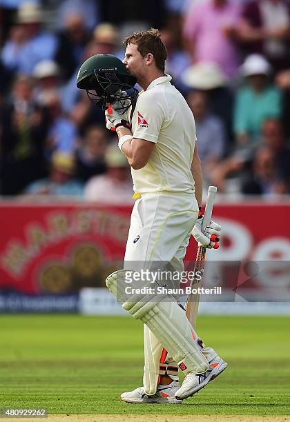 Steve Smith of Australia celebrates reaching his century during day one of the 2nd Investec Ashes Test match between England and Australia at Lord's...