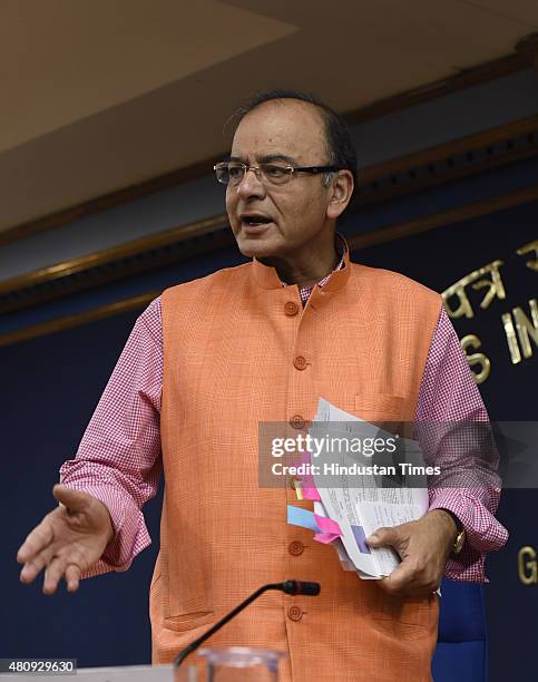 Union Finance Minister Arun Jaitley addressing a media regarding cabinet meeting decisions on July 16, 2015 in New Delhi, India. In a reformist move...