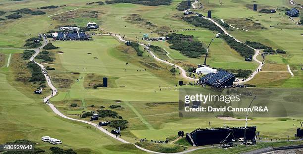 An aerial view of the 7th, 8th, 9th, 10th and 11th holes during the first round of the 144th Open Championship at The Old Course on July 16, 2015 in...