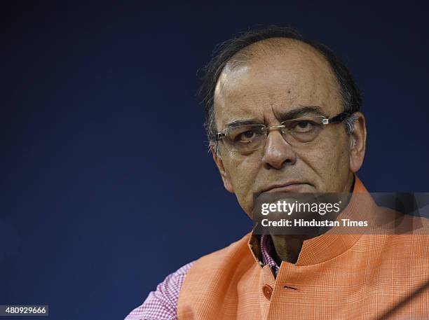 Union Finance Minister Arun Jaitley addressing a media regarding cabinet meeting decisions on July 16, 2015 in New Delhi, India. In a reformist move...