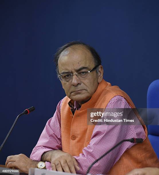 Union Finance Minister Arun Jaitley addressing a media regarding cabinet meeting decisions on July 16, 2015 in New Delhi, India. In a reformist move...