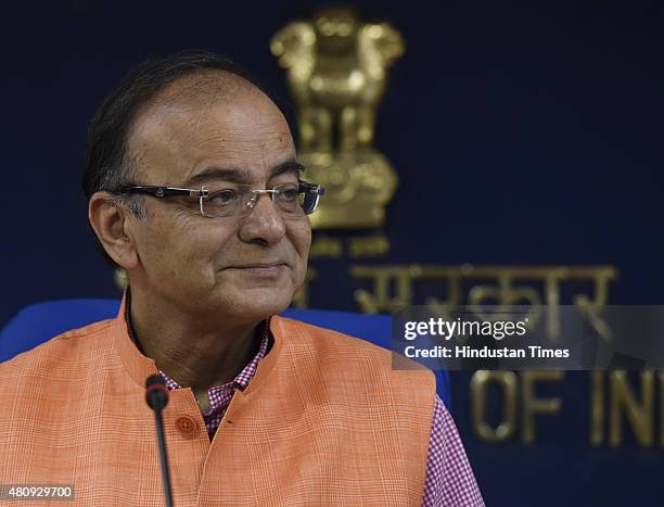 Union Finance Minister Arun Jaitley addressing a media regarding cabinet meeting decisions on July 16, 2015 in New Delhi, India. In a reformist move...