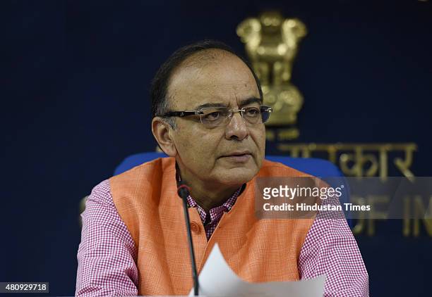 Union Finance Minister Arun Jaitley addressing a media regarding cabinet meeting decisions on July 16, 2015 in New Delhi, India. In a reformist move...