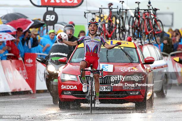 Joaquin Rodriguez Oliver of Spain and Team Katusha celebrates as he crosses the finish line to win stage twelve of the 2015 Tour de France, a 195 km...