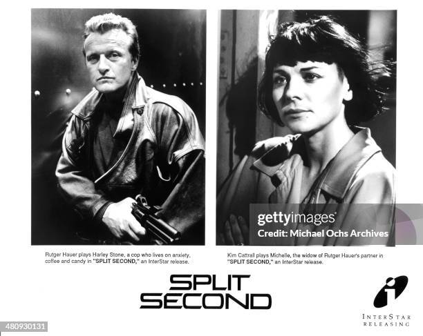 Actor Rutger Hauer on set actress Kim Cattrall in a scene from the movie "Split Second", circa 1992.