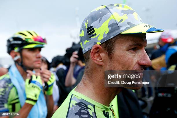 Michael Rogers of Australia and Tinkoff-Saxo and Roman Kreuziger of the Czech Republic and Tinkoff-Saxo speak with members of the media after stage...