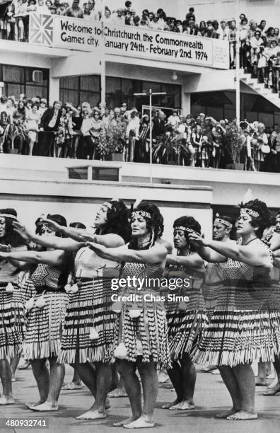 Maori concert group performing a haka at the opening ceremony of the British Commonwealth Games at the Queen Elizabeth II Park in Christchurch, New...
