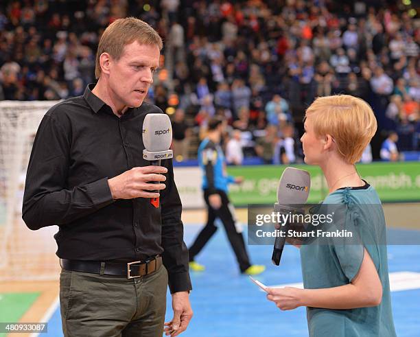 Martin Heuberger, head coach of the German national handball team during an interview with Anett Sattler of Sport 1 at the DKB Bundesliga handball...