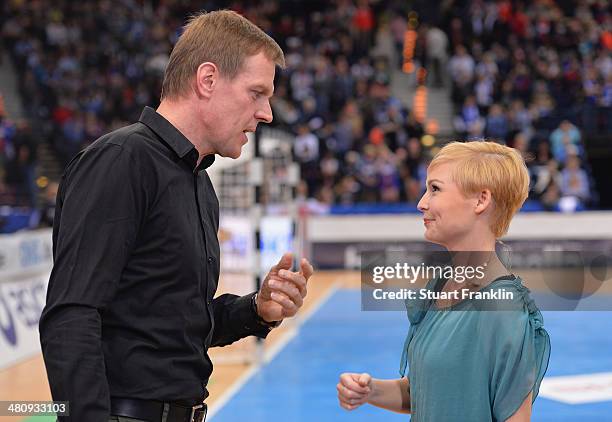 Martin Heuberger, head coach of the German national handball team during an interview with Anett Sattler of Sport 1 at the DKB Bundesliga handball...