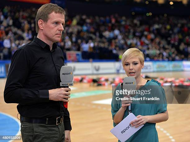 Martin Heuberger, head coach of the German national handball team during an interview with Anett Sattler of Sport 1 at the DKB Bundesliga handball...