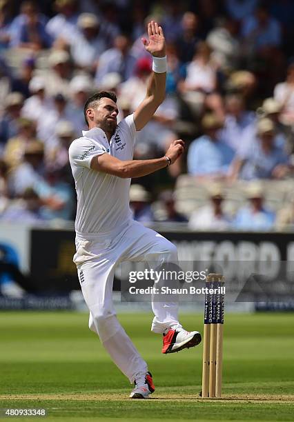 James Anderson of England bowls during day one of the 2nd Investec Ashes Test match between England and Australia at Lord's Cricket Ground on July...