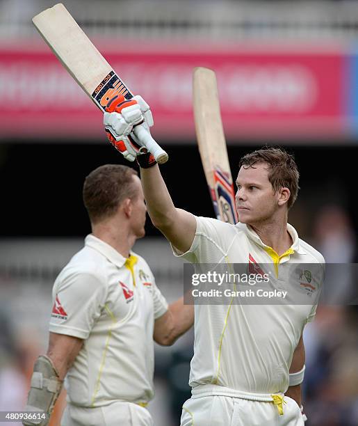 Australian unbeaten batsmen Chris Rogers and Steven Smith of Australia leave the field at the end of day one of the 2nd Investec Ashes Test match...