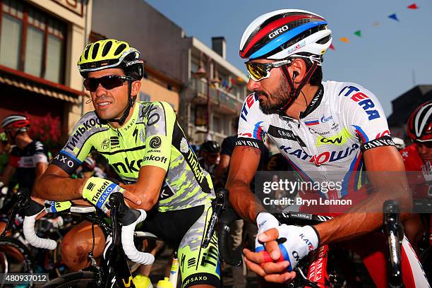 Alberto Contador of Spain and Tinkoff-Saxo speaks with Giampaolo Caruso of Italy and Team Katusha before the start of stage twelve of the 2015 Tour...
